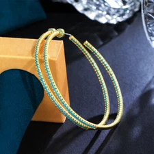 Statement Yellow Gold Plated CZ Large Circle Blue Thin 925 Silver Hoop Earrings