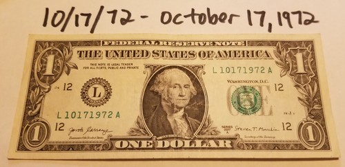 Birthday Dollar October 17, 1972 Numeric Date $1 Bill Fancy Serial Number Note - Picture 4 of 4