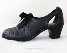 1940s Black Shoes - Size 6.5 Deco 40s Peep Toe Pumps - Cutout Sides - Deadstock