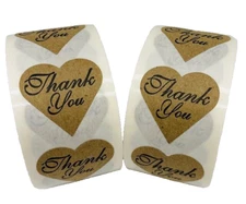Kraft Heart-Shaped THANK YOU Stickers 1-1/8" Adhesive 2 RLS of 500 EA