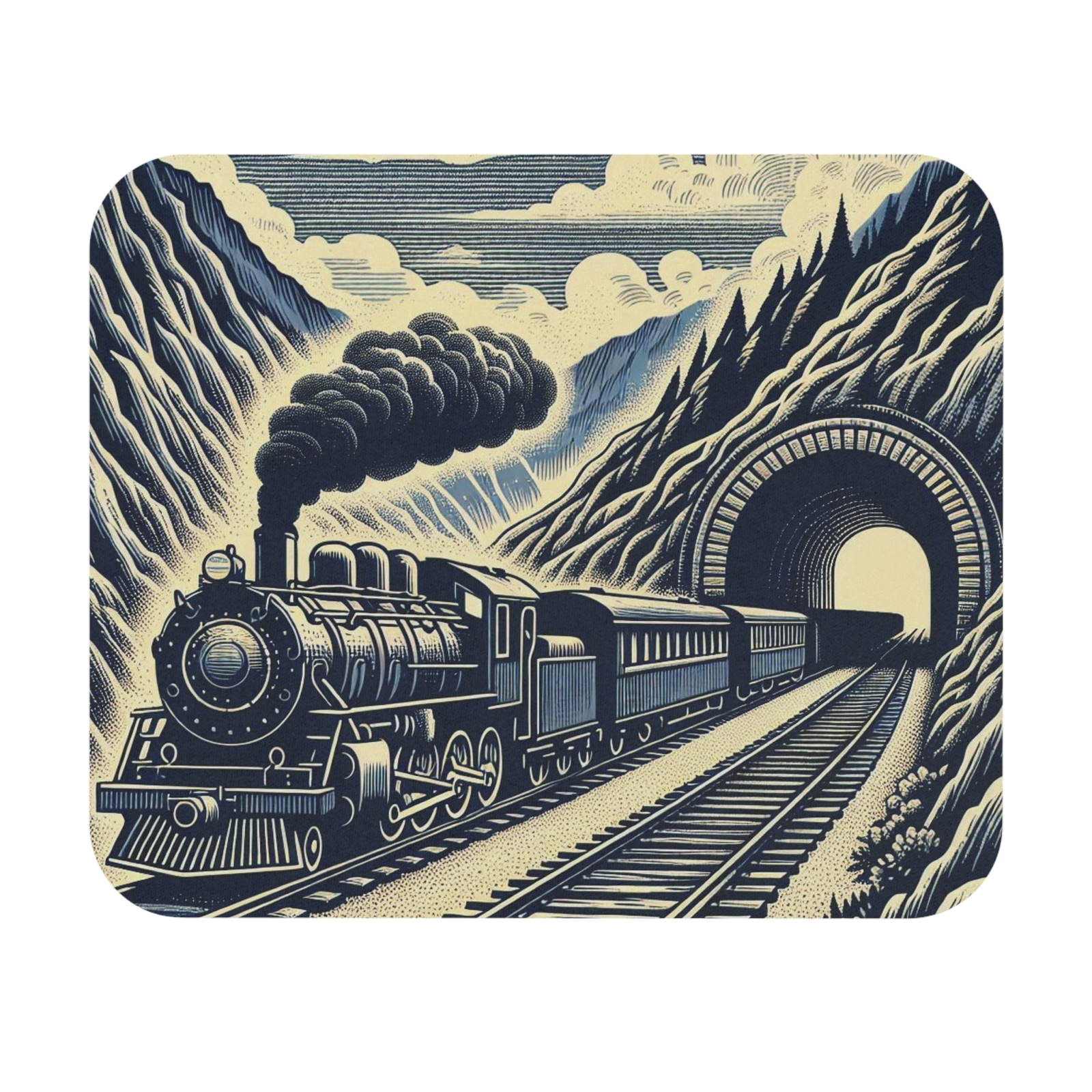 Steam Engine Train Mountain Block Print Mouse Pad 7in Rectangle-image