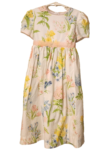 Hartstrings Girls Dress Size 6X Floral Pink White Yellow S/S Back Ties Zip Vtg