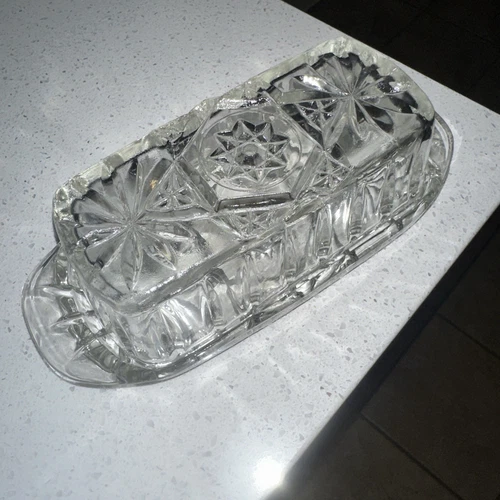 Vintage Anchor Hocking Star of David Cut Crystal Glass Butter Dish w Lid EUC