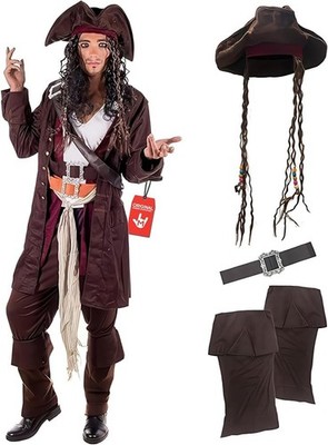 Men`s Caribbean Pirate Captain Costume + Hat + Wig Jack Sparrow M - XL Halloween
