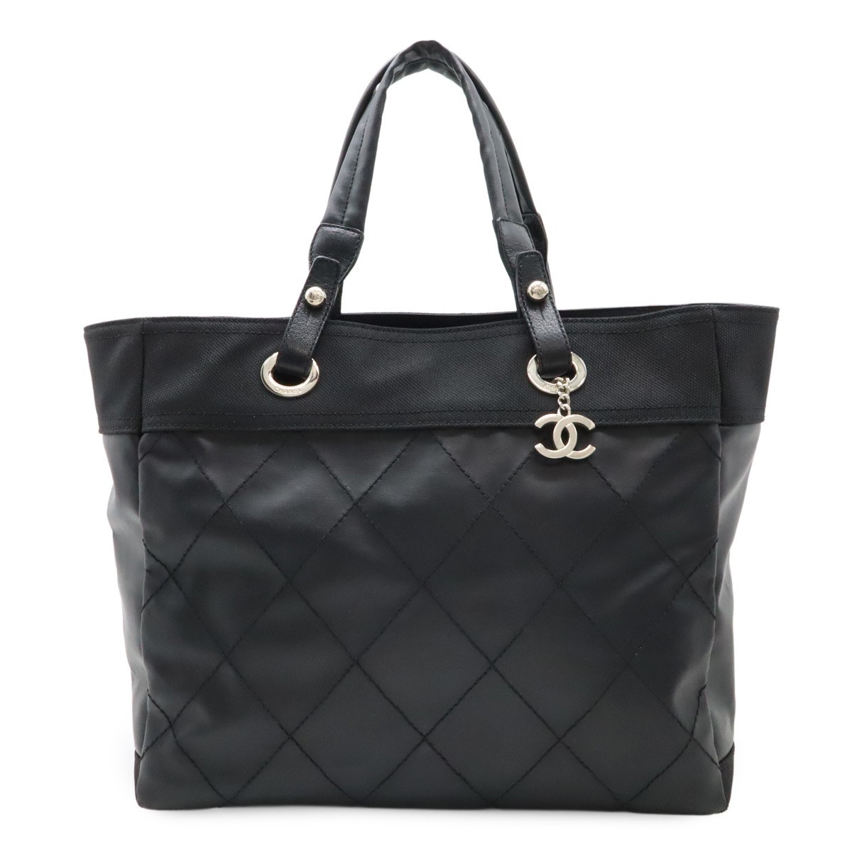 CHANEL Paris Biarritz MM Tote Bag in Black Coated Canvas with Silver Hardware