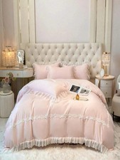 Cute Lace Trimmed Washed Silk Bedding Set Duvet Cover Pillowcases