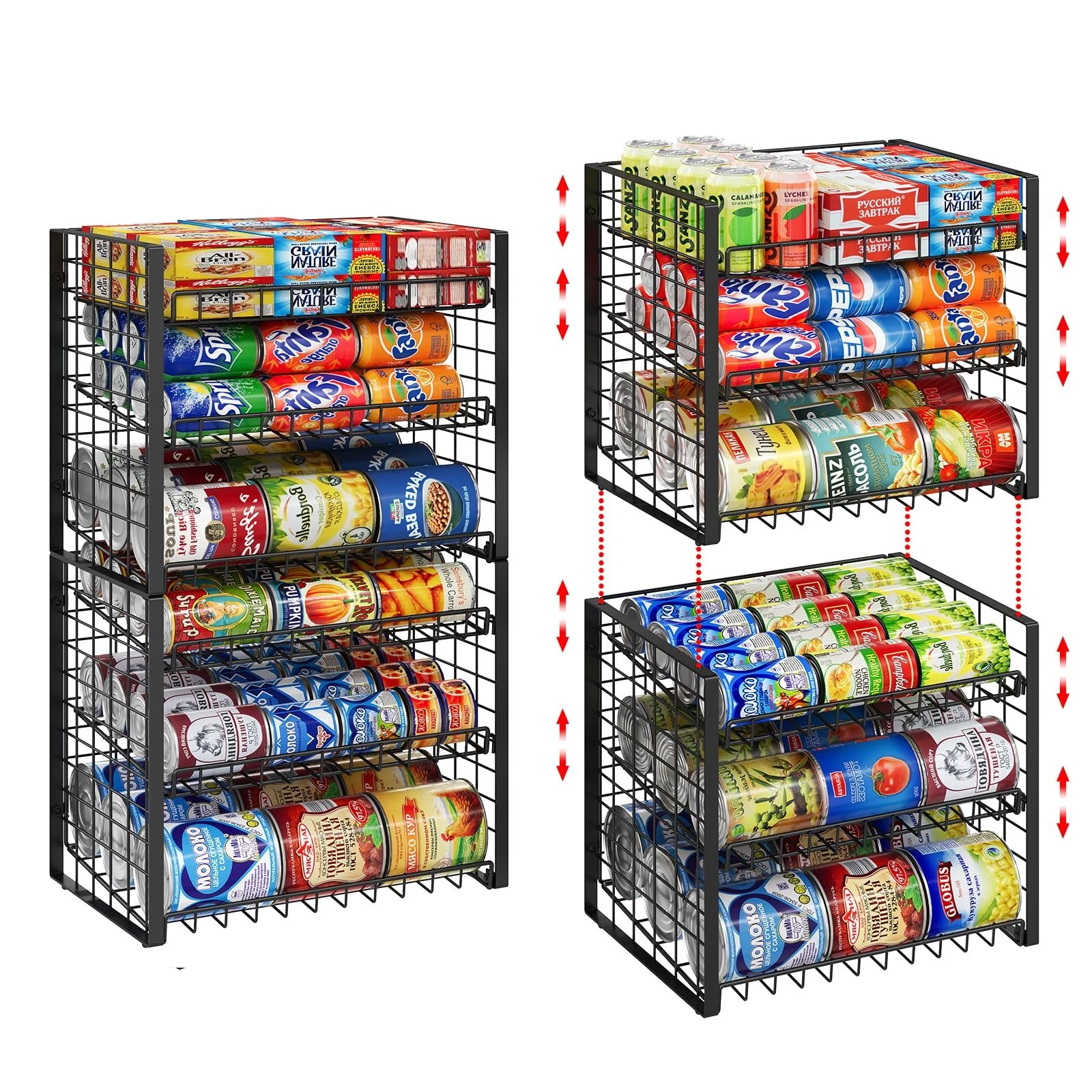 2 PCS 3 Tier Stackable Rolling Beverage Food Can Rack Dispenser Organizer