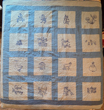 Vintage Hand Embroidered Blue on Blue Twin Quilt - Nice Condition 