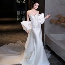 Luxury Sequin Bead Embroidered Wedding Dress Satin Slim Fit Strapless Bride Gown
