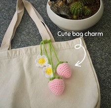 Crochet Pink Strawberry Rear View Mirror Accessories Flower Car Strawberry Pink