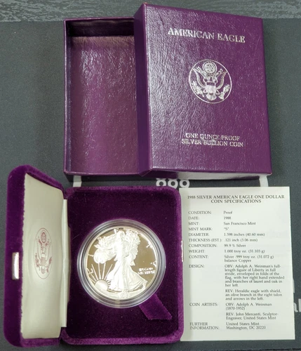 1988 US Proof Silver Eagle - 1 oz .999 Fine Silver Coin BOX & COA #2