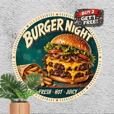 Hamburger Fast Food Artwork Vintage Style Round Metal Sign Wall Decor 8x8