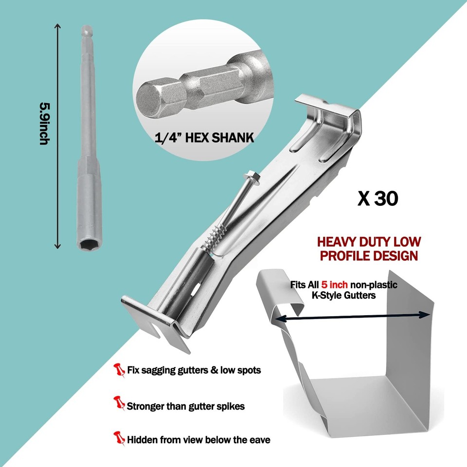 15-Pack Gutter Hangers Kit For 5-Inch K-Style Aluminum Gutters – Includes 1/4" Hex Drill Bit, Heavy-Duty Aluminum Alloy