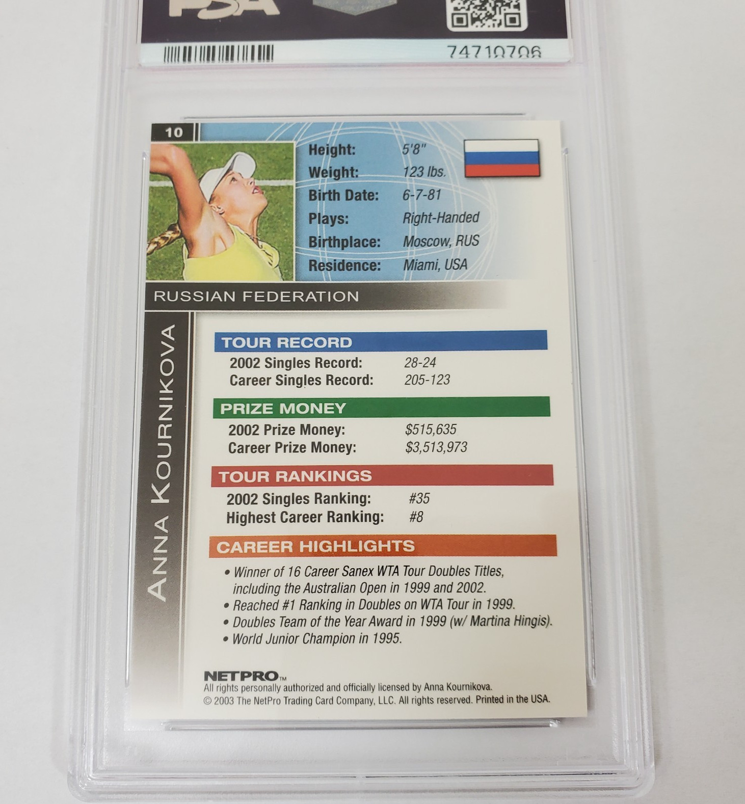 2003 Netpro Anna Kournikova International Series #10 PSA Mint 9 Tennis Card view 6