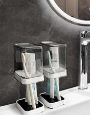 2Pcs Dustproof Toothbrush Holder with Cover Cup Bathroom Counter Storage Rack