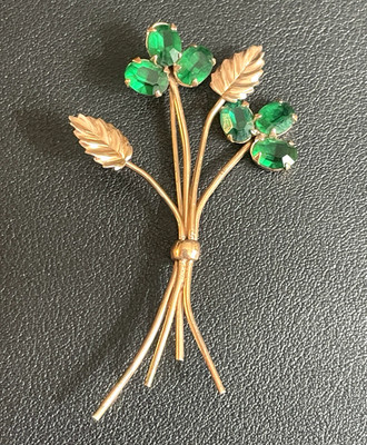 CORO Sterling Floral Brooch Rose Gold Tone Green Rhinestone Pin Delicate Vintage