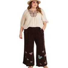 Johnny Was Wide-Leg Pants Silk Blend Velvet Butterfly Embroidery Boho XXL NWT