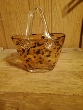 Hand Blown Murano Style Vintage Glass Purse Vase Leopard Spot   Amber 7" Art