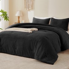 Fluffy Full Comforter Set - Furry Black Leaves Pattern Faux Fur Bed Set, Wint...