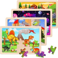 Wooden Puzzles Toys for Kids Ages 3-5, Set of 4 Packs Dinosaur, Space, Transp...