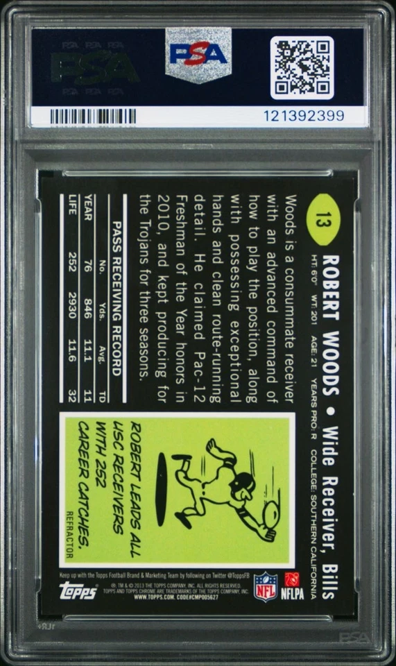 2013 Topps Chrome Robert Woods 1969 Inserts Refractor Rookie Autograph #13 PSA 9 - Image 2 of 2