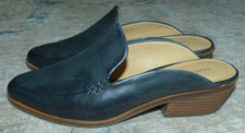 New Women's 5.5 Lucky Brand Margrete Black Leather Short Heeled Loafer Mules