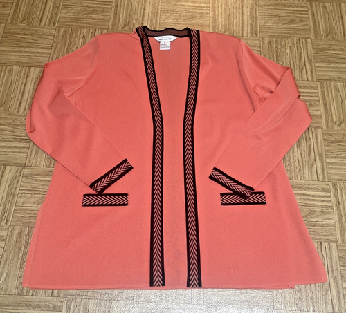 Exclusively Misook Sz L Coral Orange Black Acrylic Blend Long Sleeve Open Jacket