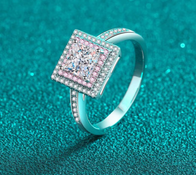 18K 925 Sterling Silber 1CT Princess Cut Moissanit Rosa Intarsien Ring