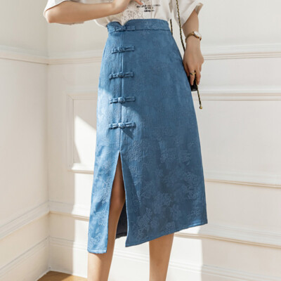 Damen Jacquard Seite Schlitz Rock Chinesischer Stil Frog Knopf Midi Retro Casual