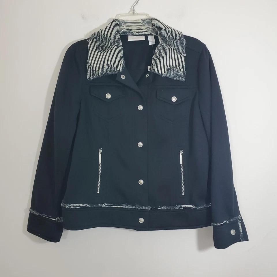 NWT Chico's Faux Fur Zebra Trim Jacket Black Boho Artsy Animal Safari Medium - Image 2 of 4
