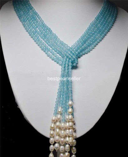 Long Charming 3 Strands 4mm Blue Aquamarine Beads & White Pearl Necklac 50 Inch - Picture 2 of 12