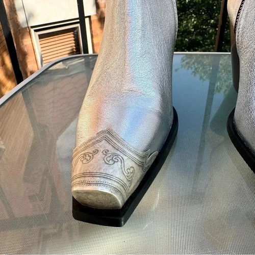 New Free People Brayden Western Boots Leather Ankle Heeled Steel Metallic Sz 9 - Picture 4 of 15