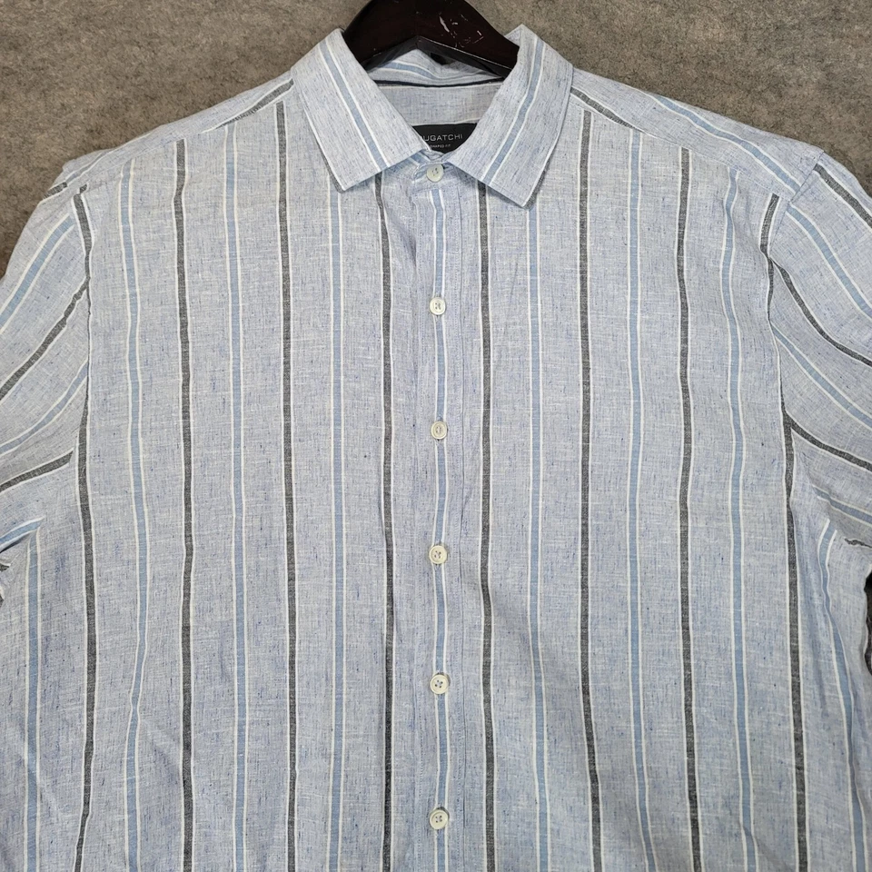 Bugatchi Shirt Mens Large Blue Striped Shaped Fit Linen Blend - Image 3 of 4