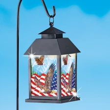Solar LED Patriotic Hanging Eagle and Flag Lantern Shepherds Hook Garden Stake