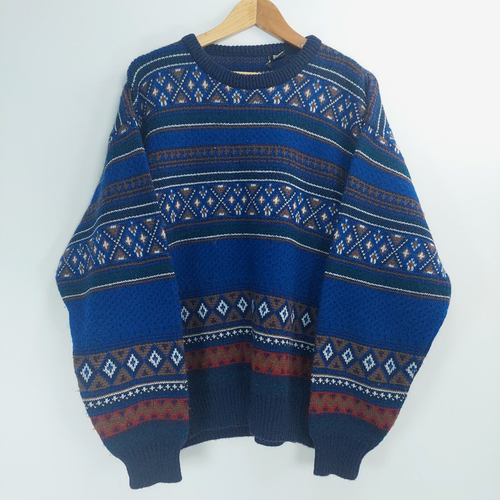 Knit Jumper Mens Size L / XL Blue Geometric Long Sleeve Oversized Y2K Acrylic