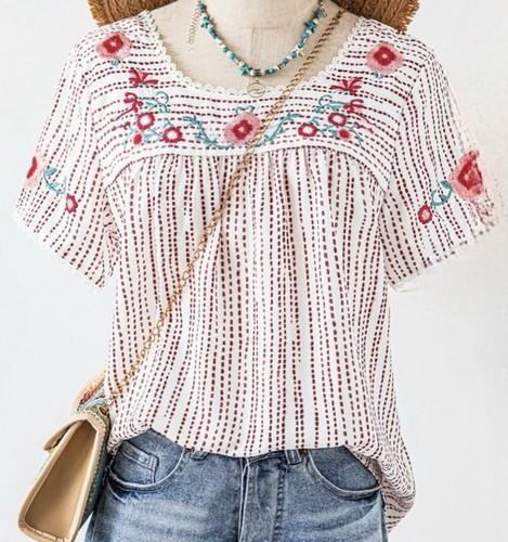 Boutique Women’s Size M Blouse Boho Embroidered Floral Medium Cream Red & Blue