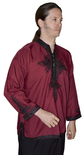 Moroccan Men Tunic Shirt Cafan Casual Handmade Embroidered Cotton XL Burgundy - Picture 4 of 6