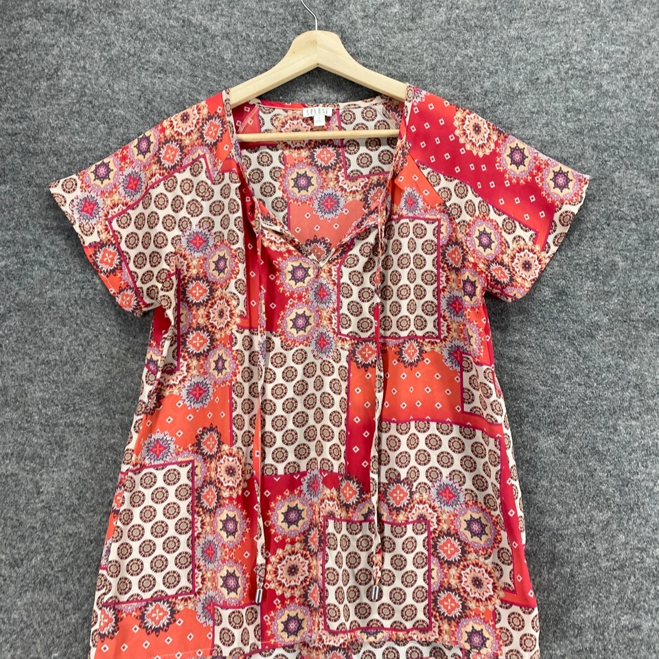 Spense Blouse Women M Medium Red Geometric V-Neck Tasseled Short Sleeve Casual - Image 3 of 4