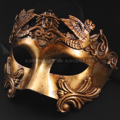 Venetian Roman Warrior Masquerade Party Face Mask for Men - Black Silver Gold - Picture 18 of 32