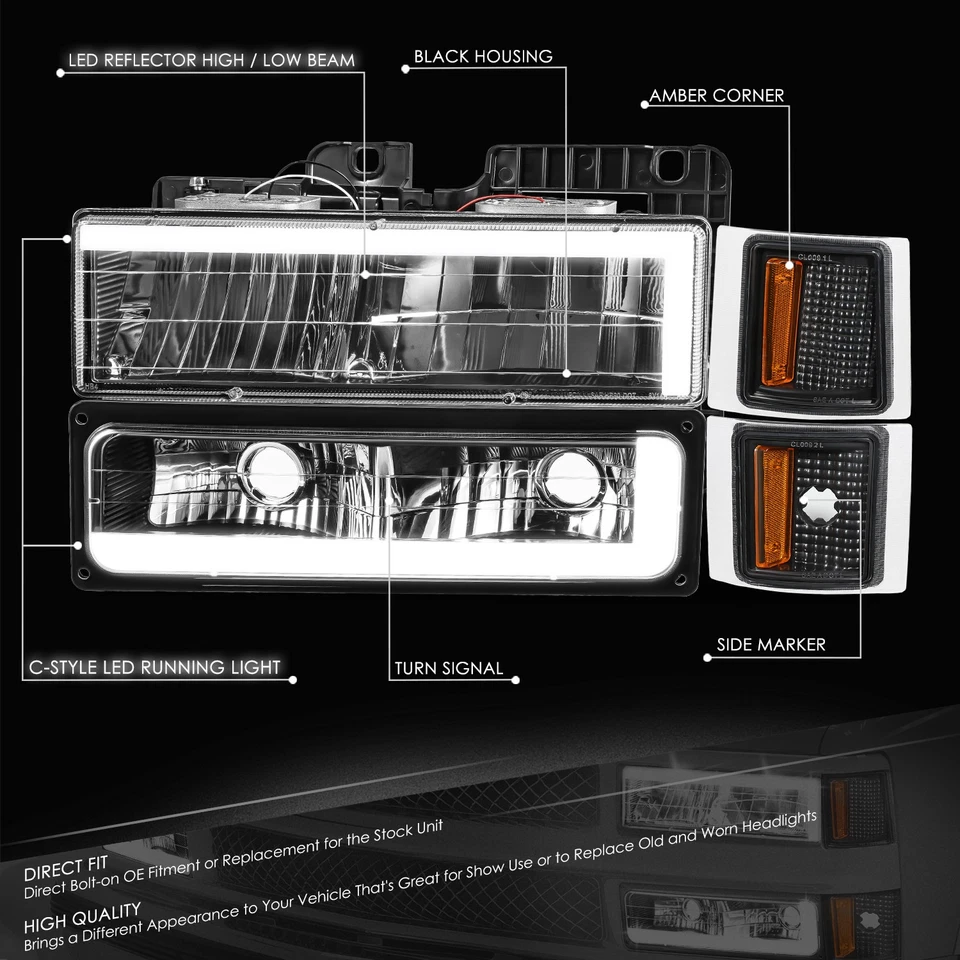 Черные/желтые светодиодные фары дневного света для пикапа Chevy C/K Suburban Tahoe 1994-2000 годов выпуска - Изображение 2 из 4