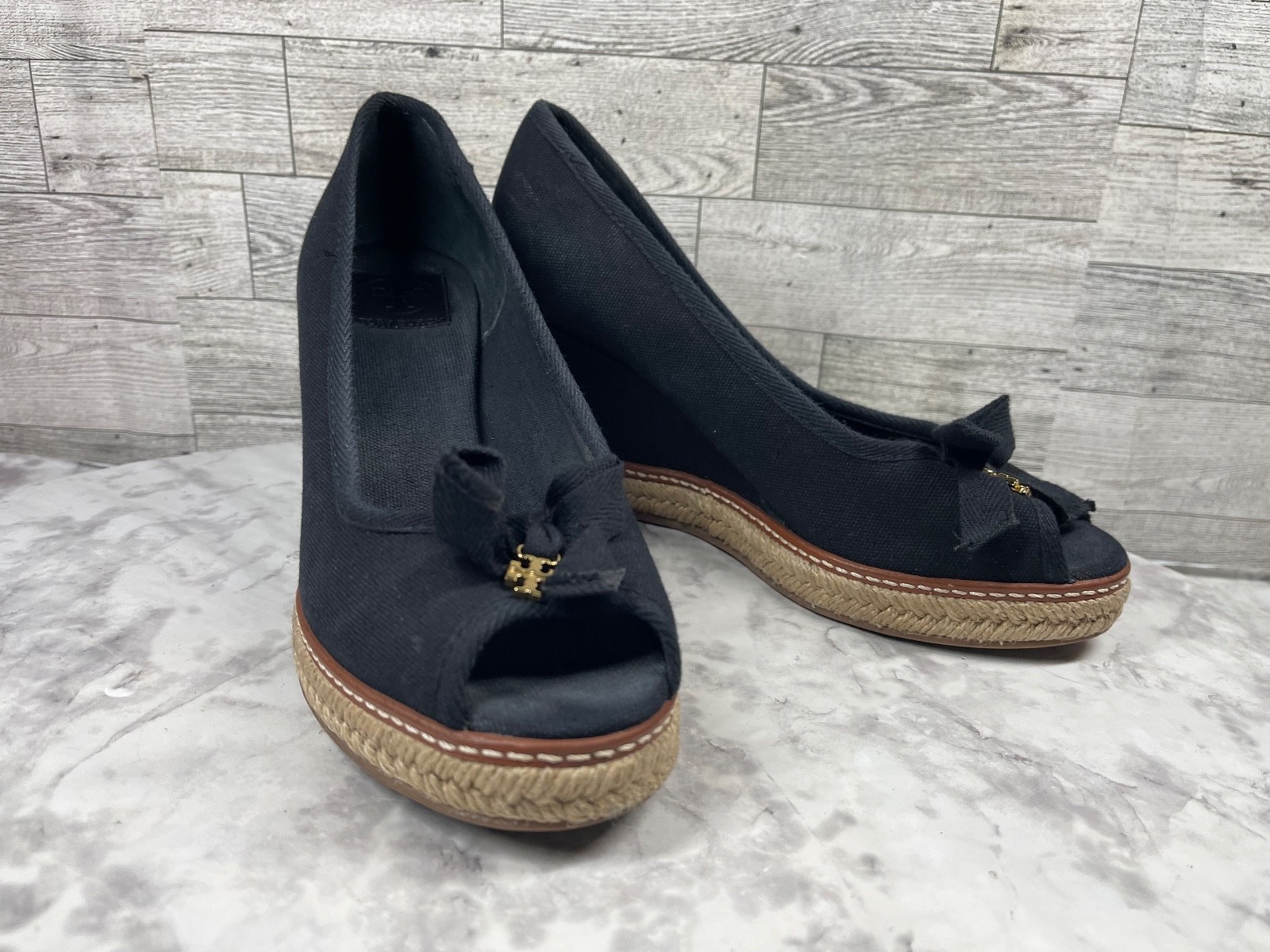 Tory Burch Wedge Espadrille Heels Women 7.5M Jackie Shoes Black Canvas Peep Toe