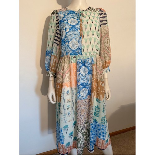 #962 Chartou Patchwork Boho Floral Midi Dress in Blue and Cream. NWT.