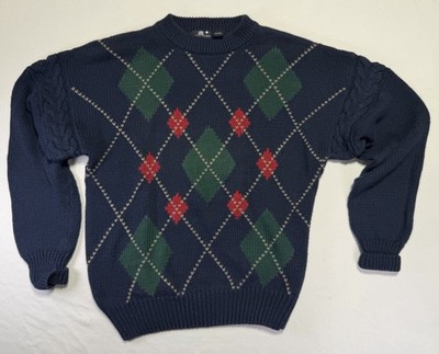 Vintage Structure Sweater Large Argyle Cable Knit Blue Hong Kong Made