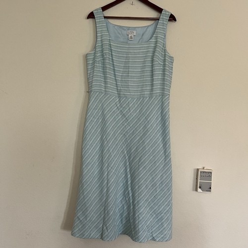 LOFT  Women’s Linen Blend Blue Striped Sleeveless A Line Fit & Flare Dress SZ 14