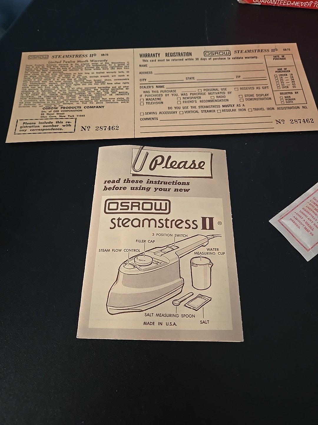 Vintage Oscrow Steamstress II 2 Lightweight Travel Steam Iron Made In The USA