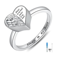 925 Sterling Silver Cremation Urn Ring Holds Loved Ones Ashes Angel Wing Hear...