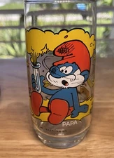 Papa Smurf Clear Drinking Glass 1982 Hardees 6" Peyo Wallace Berrie Vintage EUC