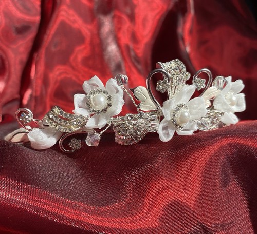 Diadem Silber Floral Elfenbein Spitze Perlen Kristalle - Bild 10 von 11