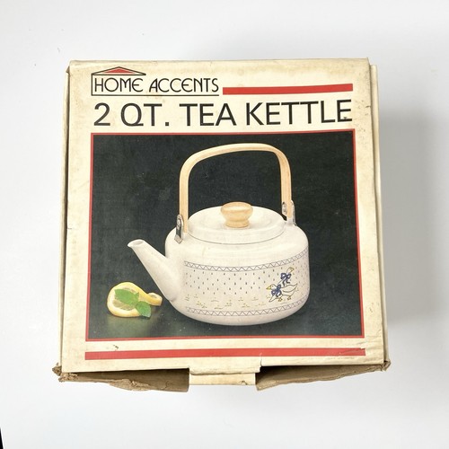 Vintage 2qt Enamel Tea Kettle With Geese & Wood Handle - Imagen 11 de 12