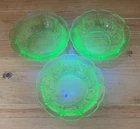 3 dessert bowls Vintage Uranium Green Depression Glass, Cherry Blossom pattern